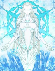  anarchy_reigns barcode blue_eyes bodysuit highres long_hair max_anarchy nama_(na-ma) sasha_ivanoff sega skin_tight snowflake snowflakes white_hair 