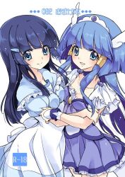  2girls aoki_reika bad_id bad_pixiv_id blue_eyes blue_hair blue_skirt blue_theme breasts choker cleavage cure_beauty dual_persona hair_tubes head_wings hug long_hair magical_girl medium_breasts multiple_girls precure sidelocks skirt smile smile_precure tiara wings wrist_cuffs yukiwo 