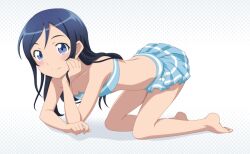  all_fours aragaki_ayase arm_support bandeau barefoot bikini bikini_skirt blue_eyes blue_hair blush breasts commentary_request female halftone halftone_background hand_on_own_cheek hand_on_own_face legs long_hair long_legs looking_at_viewer ore_no_imouto_ga_konna_ni_kawaii_wake_ga_nai small_breasts smile smile_(rz) solo swimsuit 