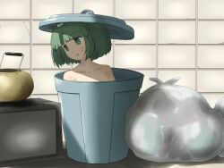  collarbone commentary_request dirty empty_eyes female green_eyes green_hair hair_bobbles hair_ornament in_container in_trash_can kettle kisume lid looking_to_the_side poverty shirosato short_hair solo television touhou trash_bag trash_can twintails 