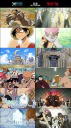  alzack_connell angry bisca_mulan building compare droy erza_scarlet fairy_tail fight food goggles gray_fullbuster hat injury jet_(fairy_tail) kana_alberona levy_mcgarden loke_(fairy_tail) makarov_dreyar meat monkey_d_luffy mug natsu_dragneel one_piece pink_hair roronoa_zoro sanji scarf shengfucomics straw_hat tattoo tony_tony_chopper usopp vest water_7 