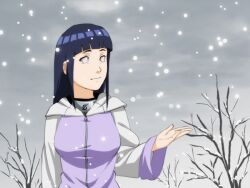  artist_request blue_hair female female grey_sky hyuuga_hinata long_hair naruto snowing solo tree wallpaper 