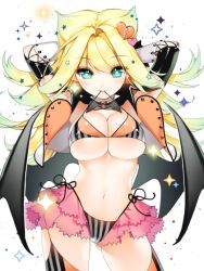  aqua_eyes arms_behind_head bad_id bad_pixiv_id bat_wings bikini bikini_in_mouth blonde_hair breasts cherrypin cleavage clothes_in_mouth female hair_ornament heart junketsu_duelion large_breasts long_hair looking_at_viewer maquia_poisson mouth_hold navel official_art photoshop_(medium) side-tie_bikini_bottom simple_background solo striped_bikini striped_clothes striped_thighhighs swimsuit thighhighs vertical-striped_bikini vertical-striped_clothes vertical-striped_thighhighs white_background wings 