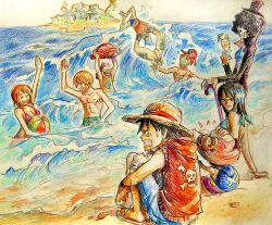  2girls 6+boys 6boys bikini blonde_hair brook cane franky graphite_(medium) green_hair hair_over_one_eye hat jolly_roger male monkey_d_luffy multiple_boys multiple_girls nami nami_(one_piece) nico_robin ocean octopus one_piece outdoors pencil_(medium) reindeer roronoa_zoro sandals sanji scar shorts skeleton speedo straw_hat swim_briefs swimsuit teeth tony_tony_chopper topless traditional_media usopp water 