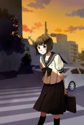  arms_behind_back blush brown_eyes brown_hair commentary_request female okujouhime school_uniform serafuku short_hair smile solo tobi_(daidaikukan) traffic_light 