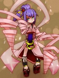  1boy amane_nishiki bare_shoulders blazblue blazblue:_chronophantasma chibi commentary_request detached_sleeves drill eyeshadow geta green_eyes hair_ornament half_updo japanese_clothes makeup male_focus nmru_(185u) obi otoko_no_ko purple_hair ribbon sash solo 