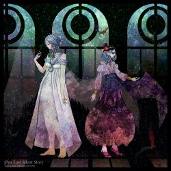  2girls alternate_costume alternate_headwear angel_wings artist_name bad_deviantart_id bad_id bare_shoulders barefoot bat_(animal) blue_hair braid brooch closed_eyes commentary dark dizmathik dress english_text feathers full_body grey_hair high_heels izayoi_sakuya jewelry long_skirt long_sleeves multiple_girls pale_skin pointy_ears profile puffy_long_sleeves puffy_sleeves remilia_scarlet see-through shoes short_hair skirt string string_of_fate touhou twin_braids vampire watch watermark white_dress window wings 