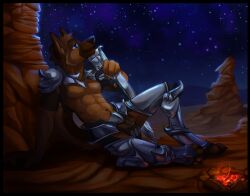  abs anthro armor biceps big_muscles blue_eyes bright campfire canid canine canis chibi-marrow desert domestic_dog fire fur lying male mammal muscular paws pecs ranged_weapon sky smile solo star weapon 