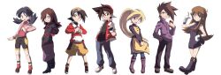  3girls 4boys bike_shorts black_dress black_hair blue_oak boots brown_hair commentary_request dress ethan_(pokemon) full_body gloves goggles goggles_on_head green_(pokemon) highres holding holding_poke_ball kris_(pokemon) long_hair multiple_boys multiple_girls mutsuki_riichi photoshop_(medium) poke_ball poke_ball_(basic) pokemon pokemon_adventures red_(pokemon) silver_(pokemon) simple_background standing twintails yellow_(pokemon) 