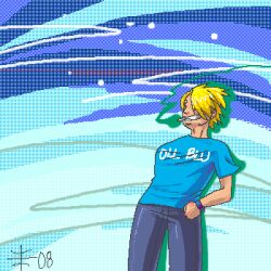  1boy blonde_hair blue_background blue_shirt cigarette engrish hair_over_one_eye lowres male male_focus one_piece ranguage sanji shirt smile smoking solo watch wristwatch 