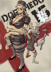  2girls bad_id bad_pixiv_id biceps breasts cleavage covered_nipples crowbar dorohedoro earrings ebisu_(dorohedoro) hat height_difference holding holding_crowbar horns jewelry large_breasts looking_at_viewer mikoyan multiple_girls muscular muscular_female noi_(dorohedoro) nurse_cap pantyhose red_eyes silver_hair size_difference syringe tall tall_female tape thick_thighs thighs 