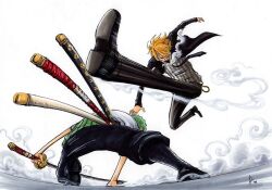  2boys black_pants blonde_hair boots cigarette fight fighting formal green_hair hair_over_one_eye haramaki kick kicking male male_focus multiple_boys necktie one_piece pants roronoa_zoro sanji sheathed_sword shirt smoking suit sword weapon white_background white_shirt 