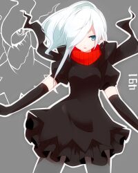  black_gloves blue_eyes commentary_request creature_and_personification darkrai dress elbow_gloves female gloves grey_pantyhose hair_over_one_eye highres looking_at_viewer pantyhose personification pokedex_number pokemon scarf solo takeshima_eku white_hair 