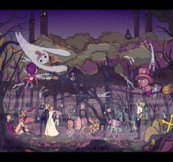  3girls 6+boys 6boys black_hair blue_hair boots bottle brook broom capelet castle cyborg dress drinking drum elbow_gloves fog forest franky ghost gloves green_hair haramaki hat instrument letterboxed monkey_d_luffy multiple_boys multiple_girls nami nami_(one_piece) nature nico_robin night night_sky one_piece orange_hair outdoors parade perona pink_hair reindeer riding roronoa_zoro sanji scenery sitting skeleton sky standing striped striped_legwear thriller_bark tombstone tony_tony_chopper tree umbrella usopp wedding_dress white_dress white_gloves zombie 