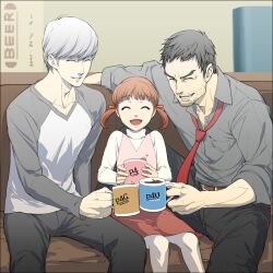  2boys ^_^ belt black_hair brown_hair casual closed_eyes coffee commentary_request copyright_name couch cousins cup doujima_nanako doujima_ryoutarou dress_shirt father_and_daughter female grey_hair grin hair_ribbon mug mug_writing multiple_boys narukami_yuu necktie open_mouth persona persona_4 raglan_sleeves ribbon shirt short_hair sitting smile twintails yoshida_shiro 