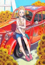  blonde_hair blue_eyes blue_shorts braid camisole car commentary_request female flower gun handgun holding_own_arm motor_vehicle on_vehicle original pomodorosa shoes shorts single_braid sitting solo sunflower weapon 