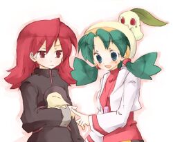  1boy amamiya_kabosu blue_eyes blush carrying chikorita couple cyndaquil female green_hair hat holding kris_(pokemon) lowres open_mouth pokemon pokemon_(creature) pokemon_gsc red_eyes red_hair silver_(pokemon) straight twintails 