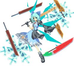  advent_cirno blue_eyes blue_hair bow cirno commentary_request female full_body fusion_swords gloves grin hairbow long_sleeves multiple_swords multiple_weapons puffy_sleeves sanshirou short_hair short_sleeves smile snowflakes solo sword touhou weapon 