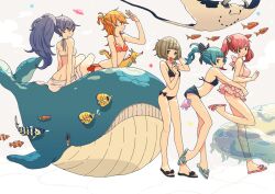  5girls barefoot bikini bikini_skirt brown_eyes brown_hair commentary_request fish green_eyes green_hair jellyfish keishin long_hair manta_ray multiple_girls orange_eyes orange_hair original photoshop_(medium) ponytail purple_eyes purple_hair red_eyes red_hair ribbon sandals seahorse short_hair shorts stingray swimsuit twintails underwater whale 