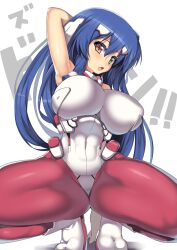  armpits asama_tomo blue_hair bodysuit breasts commentary_request covered_navel female green_eyes groin hair_tubes heterochromia huge_breasts kyoukaisenjou_no_horizon long_hair nagase_haruhito open_mouth pantyhose red_eyes sleeveless solo squatting thick_thighs thighs 