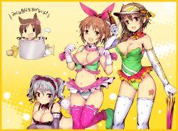  3girls :d :o abe_nana animal_ears bare_shoulders border bottle breasts brown_eyes brown_hair cat_ears cat_tail cleavage commentary_request detached_collar elbow_gloves feline flower gloves green_leotard grey_hair hair_flower hair_ornament headdress heart holding idolmaster idolmaster_cinderella_girls kanzaki_ranko kara_(color) large_breasts leotard long_hair maekawa_miku multiple_girls oerba_yun_fang open_mouth photoshop_(medium) pink_legwear polka_dot polka_dot_legwear ponytail race_queen senkawa_chihiro short_hair smile solid_oval_eyes tail tattoo thighhighs translation_request twintails umbrella visor_cap white_legwear 