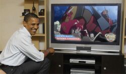  animated animated barack_obama bikini blue_hair breasts gurren jump kamina kinon kiyal kiyoh lagann male mecha o_o parody photoshop politician red_hair robot simon smile television tengen_toppa_gurren_lagann yoko_littner 