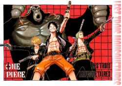  3boys black_hair black_pants blonde_hair cigarette dual_wielding gorilla green_hair gun hair_over_one_eye handgun haramaki highres jewelry male male_focus monkey_d_luffy multiple_boys necklace oda_eiichiro oda_eiichirou official_art one_piece open_clothes open_shirt orange_pants pants pistol roronoa_zoro sanji scar shirt smile smoking weapon zipper 