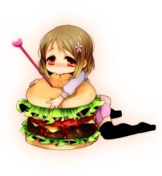  black_thighhighs blush brown_hair burger cheese commentary_request eating female food hair_ornament heart idolmaster idolmaster_cinderella_girls in_food ketchup long_sleeves meat mimura_kanako mini_person minigirl orange_eyes oversized_object patatata photoshop_(medium) short_hair solo thighhighs tomato vegetable 