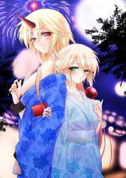  2girls aerial_fireworks alternate_costume arm_grab back-to-back blonde_hair blurry blurry_background blush breasts candy_apple closed_mouth collarbone commentary_request cotton_candy cuffs fireworks floral_print food full_moon green_eyes green_sash hazuki_kasane highres holding holding_food horns hoshiguma_yuugi hoshiguma_yuugi_(kimono) japanese_clothes kikkoumon kimono large_breasts lights long_hair long_sleeves looking_at_viewer mizuhashi_parsee moon multiple_girls night obi off_shoulder pointy_ears red_sash right-over-left_kimono sash shackles short_hair single_horn sky smile touhou tree very_long_hair wide_sleeves 