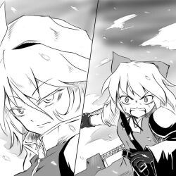  2girls advent_cirno bad_id bad_pixiv_id bow cirno greyscale hairbow hat letty_whiterock long_sleeves mizukiri monochrome multiple_girls open_mouth puffy_sleeves short_hair short_sleeves sweatdrop sword touhou weapon 