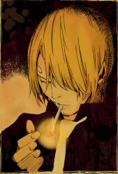  1boy black_shirt blonde_hair bosetsu_chan cigarette fire hair_over_one_eye male male_focus match matches monochrome necktie one_piece sanji shirt solo 