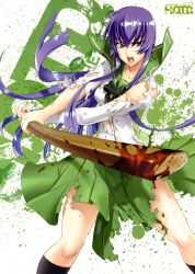  absurdres black_socks blood blue_eyes bokken busujima_saeko female highres highschool_of_the_dead kneehighs looking_at_viewer open_mouth purple_hair reflection satou_shouji school_uniform serafuku skirt socks solo sword torn_clothes torn_skirt weapon wooden_sword 