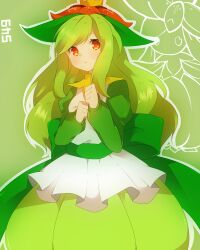  commentary_request creature_and_personification dress female green_hair hat highres lilligant long_hair looking_at_viewer orange_eyes personification pokedex_number pokemon solo takeshima_eku 