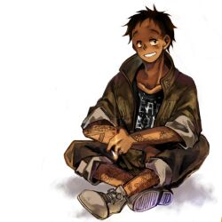  1boy 5ew00 bad_id bad_pixiv_id black_eyes black_hair cigarette dark-skinned_male dark_skin dorohedoro full_body grin jacket kasukabe_(dorohedoro) male_focus pants pants_rolled_up shoes simple_background sitting sleeves_rolled_up smile smoke sneakers solo tattoo 