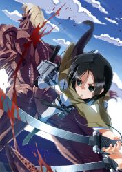  black_eyes black_hair blonde_hair blood boots cloud commentary_request day dual_wielding emblem female holding is_ii mikasa_ackerman muscular paradis_military_uniform photoshop_(medium) scarf shingeki_no_kyojin sky sword three-dimensional_maneuver_gear training_corps_(emblem) weapon 