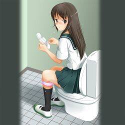  bathroom blush commentary_request copyright_request female highres kneehighs long_hair looking_at_viewer menstrual_pad nikkeru_suiso panties panty_pull school_uniform shoes socks solo toilet toilet_use underwear uwabaki 