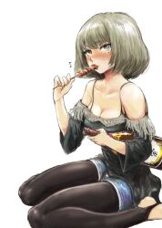  alcohol alternate_legwear bad_id bad_pixiv_id black_pantyhose blush bob_cut bottle breasts cleavage eating female food fringe_trim heterochromia highres holding holding_food idolmaster idolmaster_cinderella_girls kebab kneeling knees_together_feet_apart leggings_under_shorts looking_at_viewer medium_breasts mole mole_under_eye musical_note off_shoulder osakana_(denpa_yun&#039;yun) pantyhose sake sake_bottle short_hair shorts simple_background sitting smile stirrup_legwear takagaki_kaede toeless_legwear trencker wariza white_background yakitori 