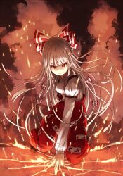  &gt;:) bow commentary_request crack dress_shirt female fire fujiwara_no_mokou hairbow long_hair nosuku pants red_eyes shirt smile solo suspenders touhou v-shaped_eyebrows white_hair 