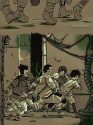  5boys aged_down bandaid black_hair cable commentary_request dokuga dorohedoro industrial_pipe jacket looking_back male_focus multiple_boys open_mouth running sack saji_(dorohedoro) tetsujo theft ton_(dorohedoro) trash_can ushishimada yoshimoto_(pag_dog) 