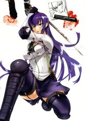  absurdres black_thighhighs blood blood_on_clothes blood_on_face blue_eyes busujima_saeko female garter_straps gauntlets highres highschool_of_the_dead katana lace lace-trimmed_legwear lace_trim looking_at_viewer miniskirt on_one_knee open_mouth purple_hair satou_shouji school_uniform serafuku shin_guards skirt solo sword thighhighs weapon 