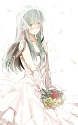  bad_id bad_pixiv_id blush bouquet bridal_veil cross cross_necklace dress elbow_gloves female flower gloves green_eyes green_hair highres jewelry kagerou_project kido_tsubomi long_hair mekakushi_code_(vocaloid) mitsu_yomogi necklace petals rose smile solo veil vocaloid wedding_dress 