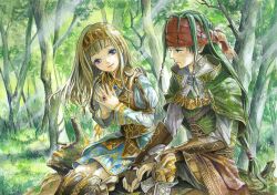  1boy acrylic_paint_(medium) alicia_(valkyrie_profile_2) blonde_hair blue_eyes boots bridal_gauntlets commentary_request female forest green_hair hair_ornament hairband headband jewelry light_rays long_hair nature painting_(medium) palms_together ring rufus_(valkyrie_profile) sitting smile sunbeam sunlight thigh_boots thighhighs toyoda_izumi traditional_media tree valkyrie_profile_(series) valkyrie_profile_2:_silmeria 