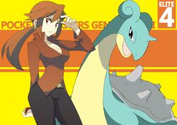  adjusting_eyewear belt breasts cleavage commentary_request female glasses lapras lorelei_(pokemon) medium_breasts poke_ball pokemon pokemon_(creature) ponytail red_eyes red_hair shigino_sohuzi 