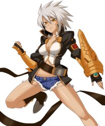  bad_id bad_pixiv_id belt blazblue blazblue:_chronophantasma blue_shorts boots breasts brown_eyes bullet_(blazblue) cleavage denim denim_shorts female fingerless_gloves gauntlets gloves jacket large_breasts micro_shorts scar shirorenge_(huruhuru) short_hair shorts solo thighs white_hair 