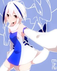  bare_shoulders blue_hair commentary_request creature_and_personification detached_collar detached_sleeves female highres looking_at_viewer lugia multicolored_hair personification pink_eyes pokedex_number pokemon short_hair sleeves_past_wrists solo tail takeshima_eku thighhighs two-tone_hair white_hair white_thighhighs zettai_ryouiki 