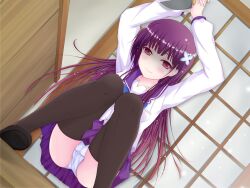  bad_id bad_pixiv_id black_thighhighs feijitian female flower hair_flower hair_ornament knife long_hair panties photoshop_(medium) sanka_rea sankarea school_uniform serafuku shaded_face solo squatting thighhighs underwear white_panties yandere 