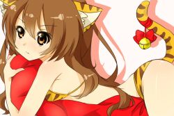  aisaka_taiga animal_ears animal_print bikini brown_eyes brown_hair commentary_request female long_hair lying nobinonki on_stomach pillow solo swimsuit tail tiger_ears tiger_print toradora! 