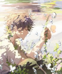  1boy air_bubble bare_arms brown_hair bubble bug butterfly butterfly_on_hand closed_eyes commentary_request from_side green_pants hishi_(k-xaby) knees_up male_focus original outstretched_hand pants parted_lips plant profile short_sleeves sitting solo submerged 