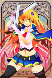  ame_erika art_nouveau bad_id bad_pixiv_id banned_artist belt black_legwear blazblue blazblue:_chronophantasma blonde_hair blue_capelet blush bolverk capelet dual_wielding gloves green_eyes gun hair_ornament handgun highres holding long_hair microskirt midriff multicolored_hair navel necktie noel_vermillion skirt solo thighhighs very_long_hair weapon white_gloves 