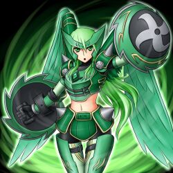  aqua_wings armor caam_serenity_of_gusto commentary_request cosplay crop_top daigusto_emeral daigusto_emeral_(cosplay) duel_monster female green_armor green_eyes green_hair green_theme long_hair looking_at_viewer midriff pataneet shield thigh_gap wings yu-gi-oh! 